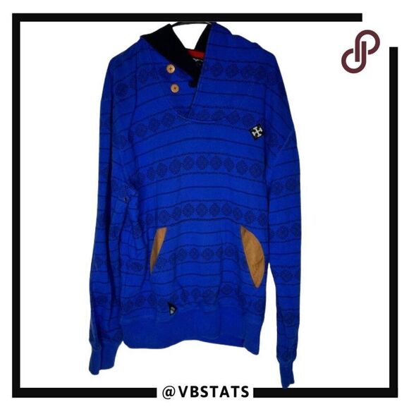 10 Deep Pullover Hoodie Size 2XL Blue Elbow & Pocket Patches Aztec Pattern - Picture 1 of 6